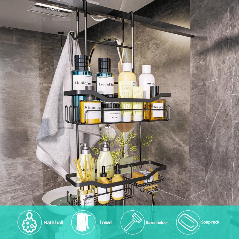 HapiRm Hanging Shower Caddy Over the Door with Soap Holder, No Drilling Adhesive Shower Organizer with 11 Hooks, Rustproof & Waterproof 304 Stainless Steel Bathroom Shelves - Black - Image 3
